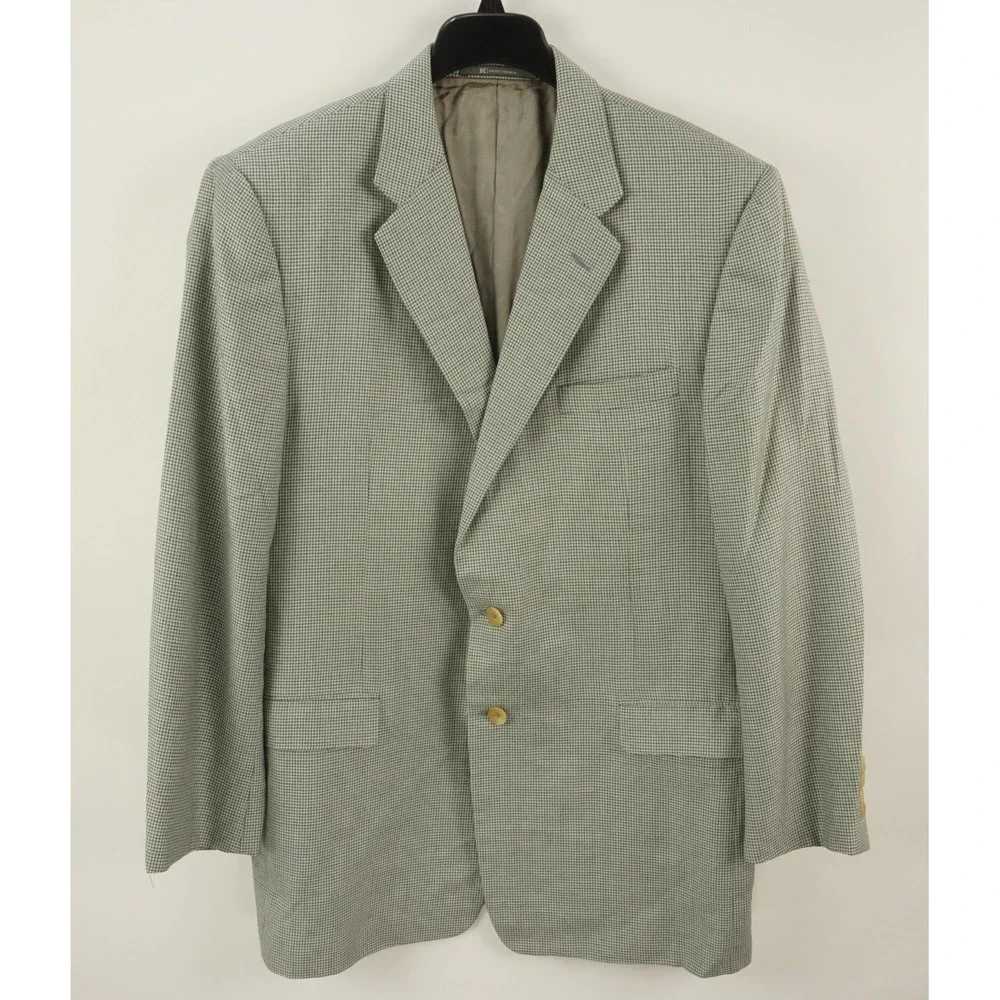 Hickey Freeman Silk Wool Jersey Houndstooth Madison Blazer Mens 46L Blue Cream
